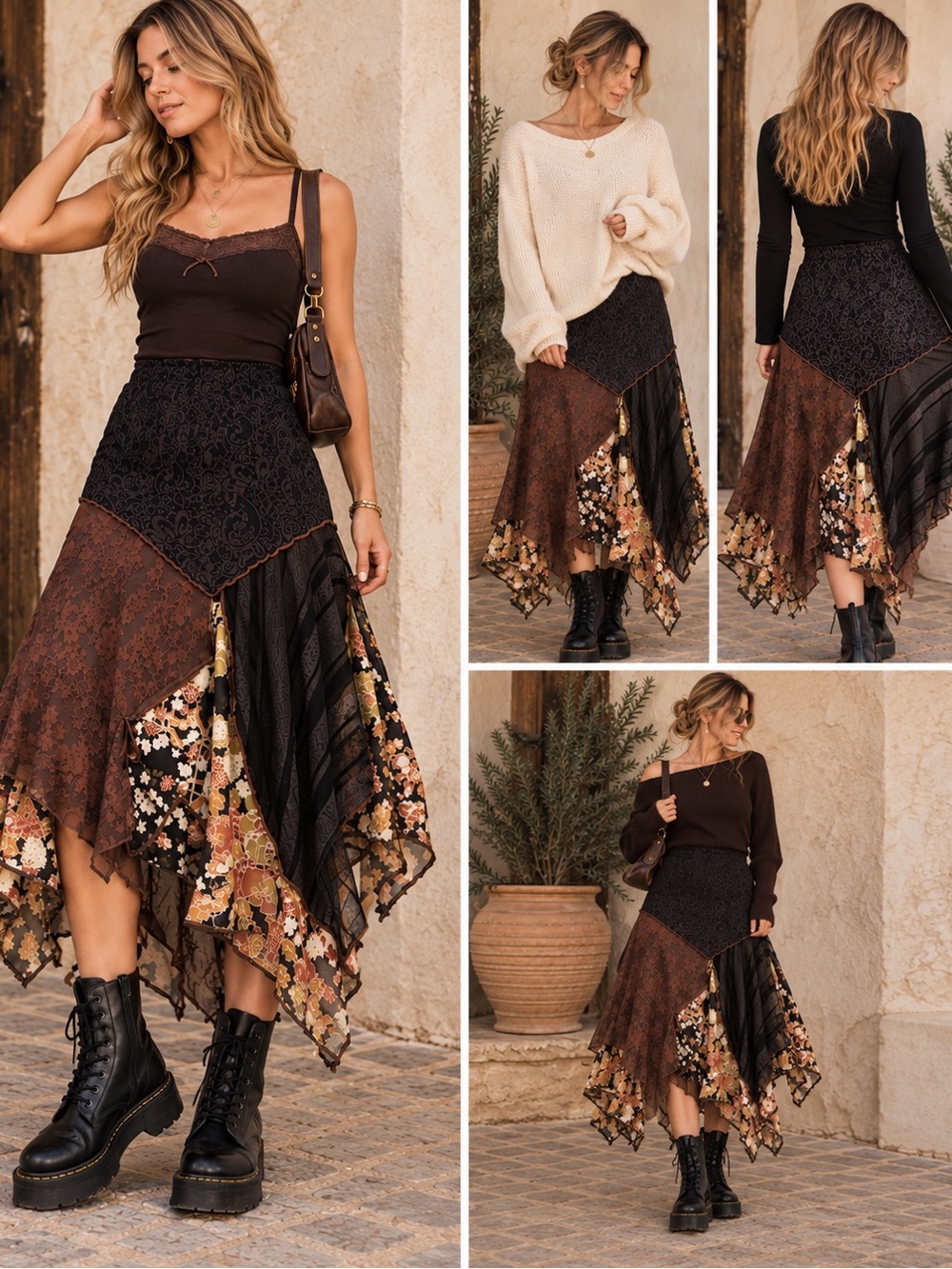 🖤 Vintage Patchwork Lace Asymmetrical Midi/Maxi Skirt – Size 12